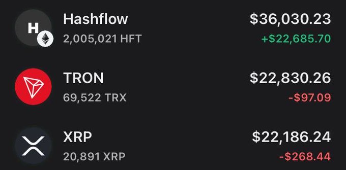 A cryptocurrency portfolio screen displays Hashflow (HFT) at $36,030.23 (+$22,685.70), TRON (TRX) at $22,830.26 (-$97.09), and XRP at $22,186.24 (-$268.44).