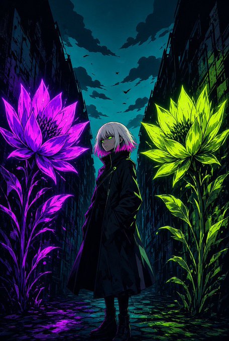 An anime-style illustration depicts a character with short white hair in a long dark coat standing between two giant glowing flowers—one purple and one green—in a moody, atmospheric setting.