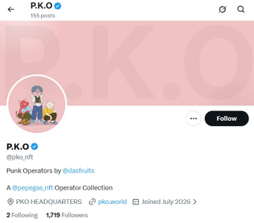 The image shows a Twitter/X profile for "P.K.O" (@pko_nft), a verified account with 155 posts, 1 following, and 1,719 followers, featuring a cartoon mascot and bio identifying it as "Punk Operators" by @dasfruits. The accompanying post highlights P.K.O as a cyberpunk NFT collection among early projects launching on Robinhood.