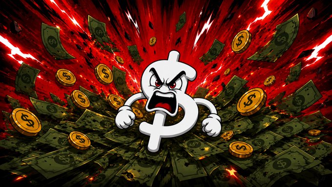 The image features a cartoon money character, resembling a dollar bill or a euro, who appears angry and frustrated as he throws money out of a window. The money character is surrounded by an explosion of money pieces, creating a chaotic atmosphere in the scene. The image also includes text that references the concept of "cash out" with rewards for bounties, suggesting a possible connection to the post about the cash out bonus system on the bounty platform. Additionally, there are mentions of "most bounty projects pay rewards with sol," which might be an indication of the payment method used by the money character in the image.