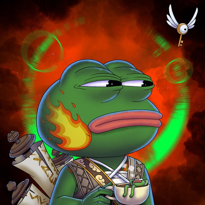 A cartoon Pepe the Frog character with flames on its cheek holding scrolls and a teacup against a fiery red background with green symbols, with a winged key floating nearby.