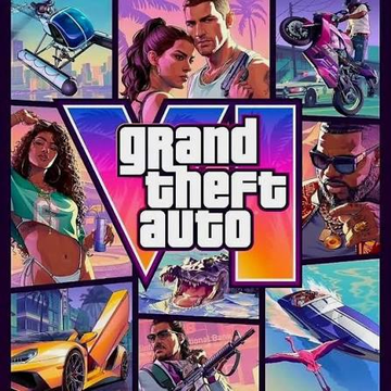 The image is the official artwork for "Grand Theft Auto VI," prominently displaying the game's stylized "GTA VI" logo alongside a vibrant collage of characters, vehicles like a yellow sports car and motorcycle, and tropical Vice City scenery. The humor of the post lies in the contrast between the game seen as a highly anticipated, expensive purchase and the absurd "saving" methods suggested—like selling feet pics or investing in the $KGEN token—to afford it.