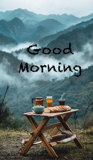 A 'Good Morning' greeting image featuring a wooden folding table set with coffee, juice, and a pastry, overlooking a misty mountain landscape.