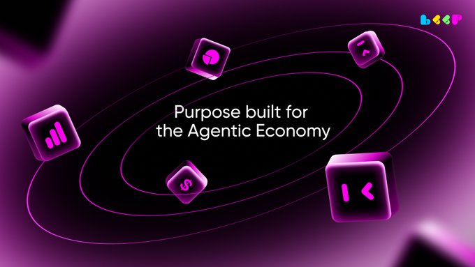 A dark purple graphic displays the text "Purpose built for the Agentic Economy" surrounded by floating 3D cubes featuring icons like charts, dollar signs, and data symbols, with the "beep" logo in the top right corner. The visual reinforces the post's message by illustrating how Beep Agent operates within this economy as a floating, interconnected cube—symbolizing its autonomous ability to process data, reason, and execute trades as an active economic agent.