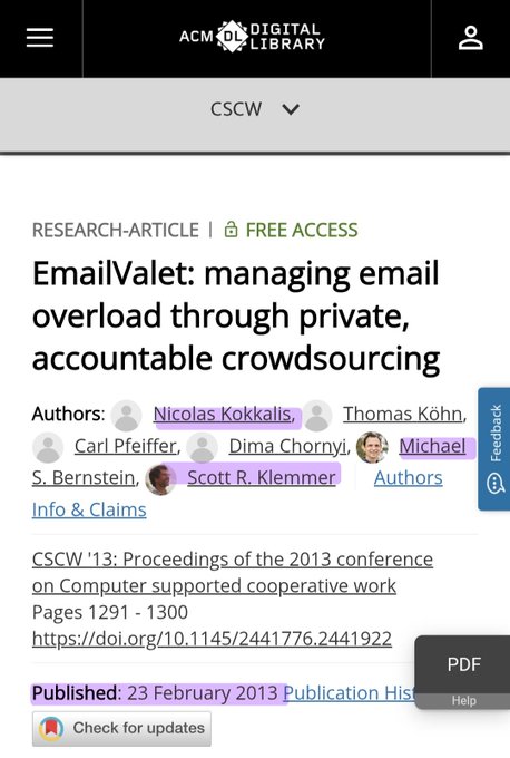 The image displays the ACM Digital Library webpage for a research article titled "EmailValet: managing email overload through private, accountable crowdsourcing," co-authored by Nicolas Kokkalis alongside Thomas Köhn, Carl Pfeiffer, Dima Chornyy, Michael S. Bernstein, and Scott R. Klemmmer, presented at CSCW '13. The post highlights Nicolas Kokkalis's lesser-known academic work in computer-supported cooperative research, showcasing that his contributions extend beyond the well-known Pi Network co-founding.