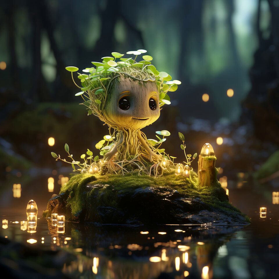 The image features a small green tree-like figure with a face sitting atop a rock surrounded by water. The scene includes several candles floating around the figure, creating a magical atmosphere. The caption of the image reads "BTC had its worst day in months today, yet TGN is UP! Are you HODLing any TGN yet, anon?". This message seems to be related to Bitcoin or another cryptocurrency, as it references the green tree-like figure and the floating candles.

The image also contains a few other elements such as trees, water, and rocks in the background, which contribute to the overall atmosphere of the scene.
