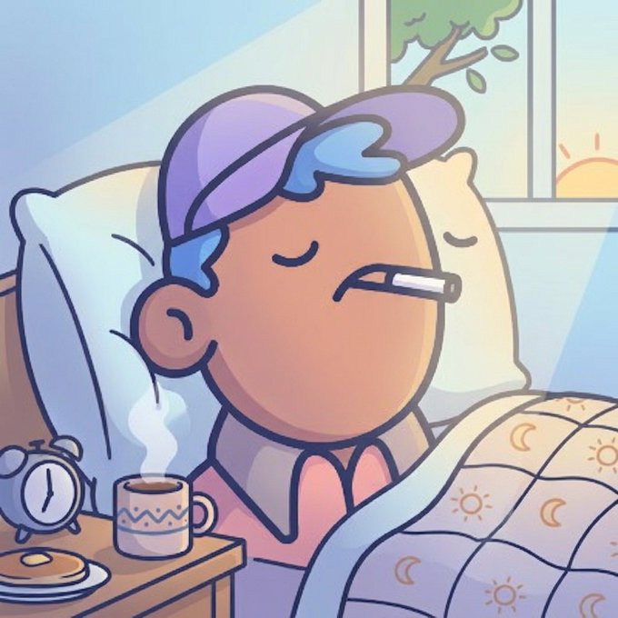 A cartoon illustration of a sick person lying in bed with a thermometer in their mouth, a sleeping cap on, a steaming hot drink, and a thermometer nearby, with a sunrise visible through the window.