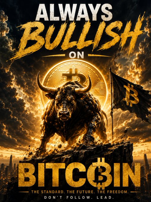 A stylized graphic featuring a golden bull statue with a Bitcoin coin behind it, accompanied by the text 'ALWAYS BULLISH ON BITCOIN' and the tagline 'THE STANDARD. THE FUTURE. THE FREEDOM. DON'T FOLLOW. LEAD.'