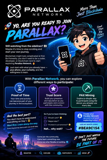 An advertisement for 'PARALLAX NETWORK' featuring an anime-style character giving a thumbs up, with text inviting users to join via an invite code '#BEA9C154' and learn about Proof of Time, Trust Score, and PAX Mining.