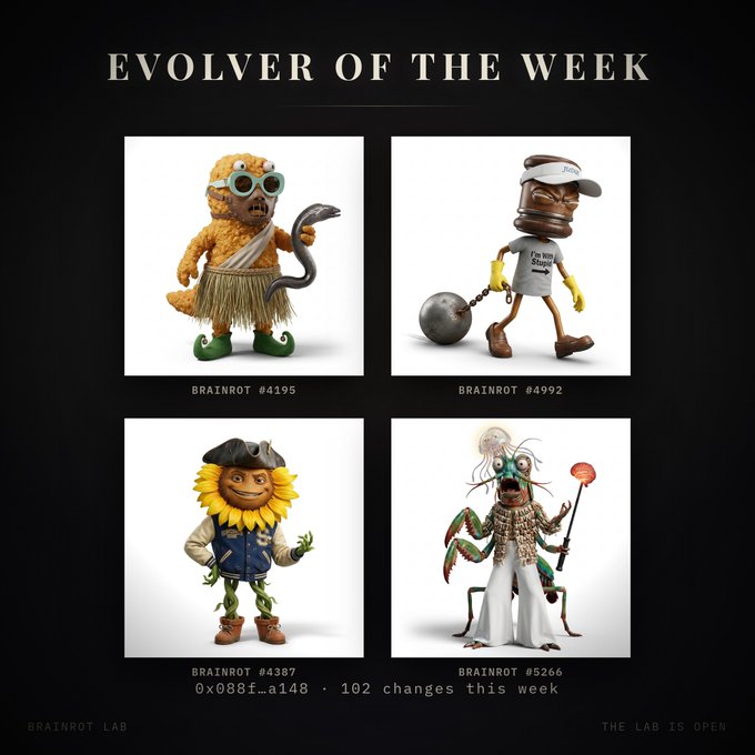 "EVOLVER OF THE WEEK" showcase featuring four Brainrot NFT characters numbered #4195, #4992, #4387, and #5266, noting Brainrot #4387 had 102 changes this week with contact 0x088f...a148.