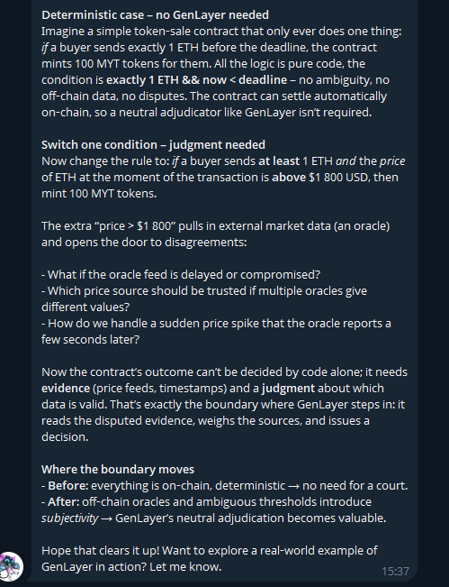 A dark-themed text post explaining GenLayer, contrasting a 'Deterministic case' (no GenLayer needed) with a 'Switch one condition' case requiring judgment, explaining how external price oracles introduce subjectivity that GenLayer's neutral adjudication resolves.