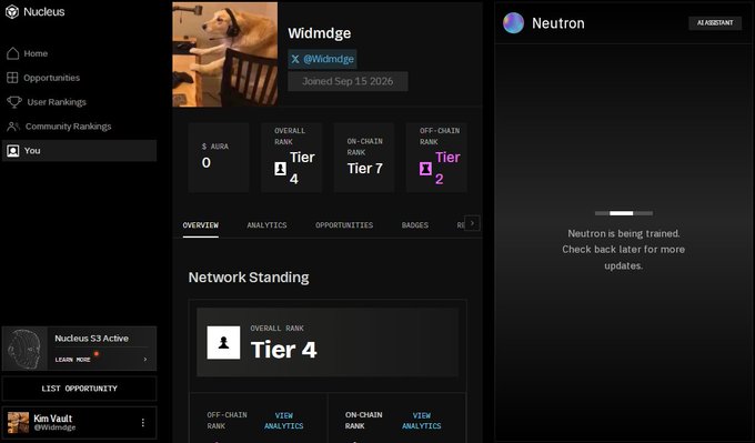 Screenshot of the Nucleus dashboard showing a user named Widmge (@widmge) with a Tier 4 overall rank, Tier 7 on-chain rank, and Tier 2 off-chain rank, with a 'Neutron is being trained' status panel.