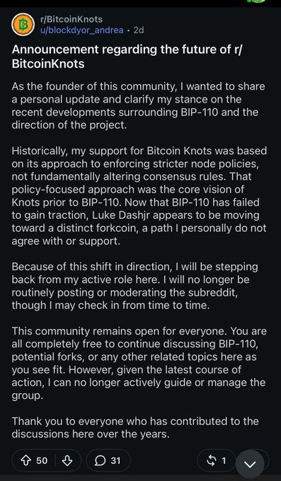 A Reddit screenshot from r/BitcoinKnots by user 'blockcdyor_andrea' containing an 'Announcement regarding the future of r/BitcoinKnots', explaining the author's decision to step back following recent BIP-110 developments.