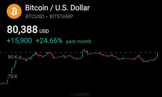 A Bitcoin price chart displays BTCUSD trading at $80,388 on Bitstamp, up $15,900 (+24.66%) over the past month, with a one-month candlestick graph showing the recent rally that returned Bitcoin to the $80K level.