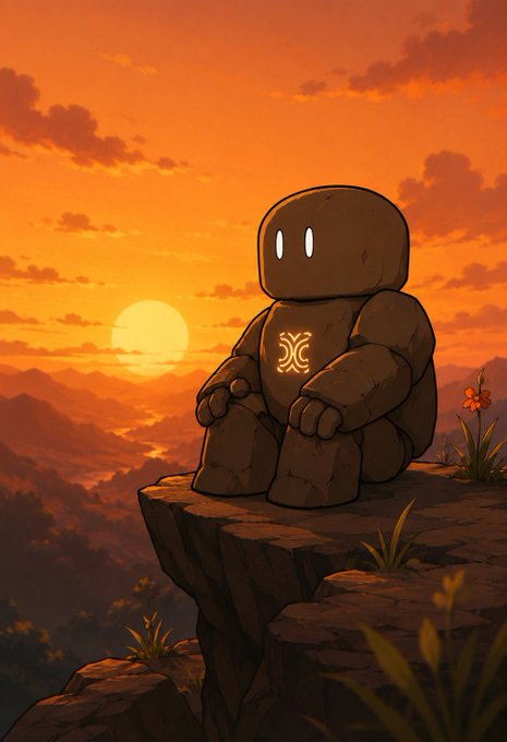 An illustration of a stone golem with glowing white eyes sitting on a cliff edge, featuring an emblem on its chest, set against a vibrant orange sunset.