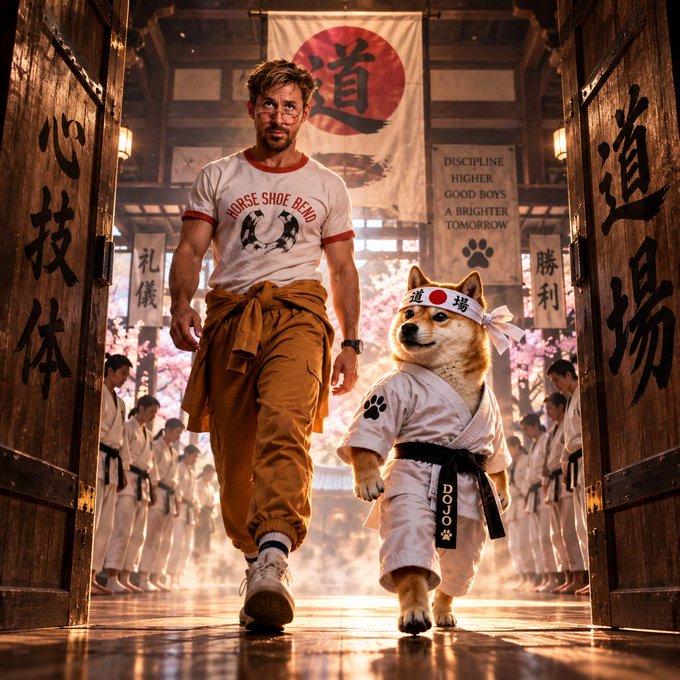 A man and a Shiba Inu dog dressed in martial arts attire walk through wooden doors marked with Japanese characters including '道' (Do), with banners reading 'DISCIPLINE HIGHER GOOD BOYS A BRIGHTER TOMORROW' in the background.