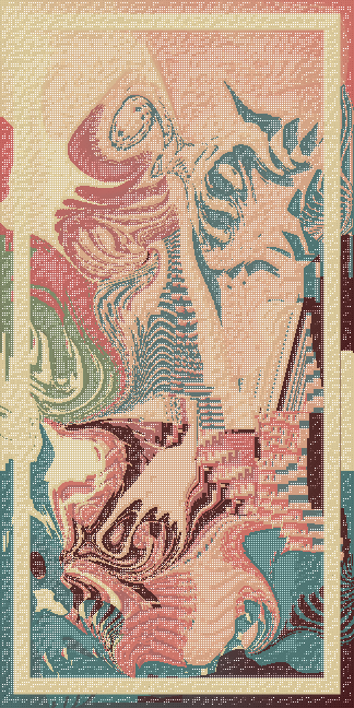 An abstract artistic composition featuring fluid, marbled patterns in muted pinks, greens, and blues with a textured overlay.