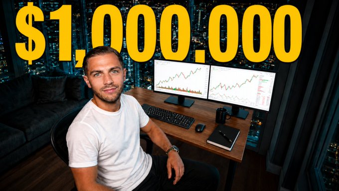 A thumbnail-style image shows a confident young man at a trading desk with two monitors displaying charts, with large yellow text reading '$1,000,000' overlaid.