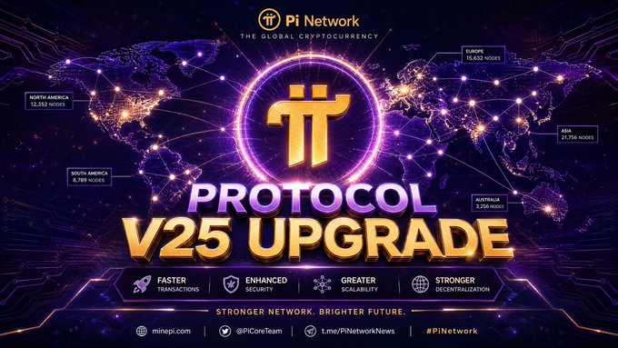 The image features a poster for the Protocol v25 upgrade, which is an enhancement of the existing protocol. The poster includes a map with various symbols representing different countries or regions around the world. The text "protocol v25" is prominently displayed in large letters at the top and bottom of the poster, indicating that this is the main focus of the image. The poster also contains smaller images related to the Protocol v25 upgrade, such as icons for a rocket ship and a shield, which further emphasize the theme of technological advancements and global connectivity.