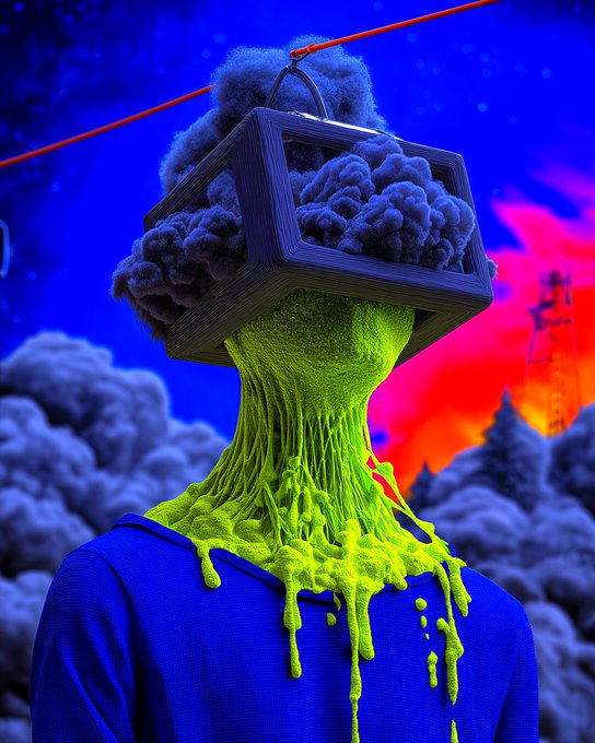 A surreal digital artwork showing a figure in a blue hoodie with a TV-shaped head filled with gray smoke, neon green slime pouring from the screen down their neck, set against a vivid blue and red background with dark clouds and a power line.