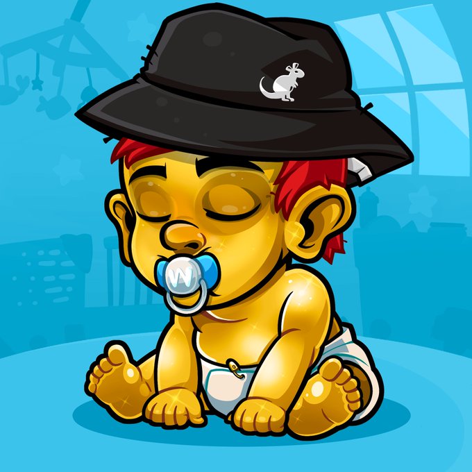A golden baby with red hair wearing an oversized black hat and a pacifier marked with a "W" (Wink logo) sits peacefully on a blue floor, representing the early-stage Alpha token airdrop for expectant couples. The baby symbolizes new family additions arriving "sooner than you think," tying directly to the post's message that couples lead to babies, which will trigger the Alpha token's effect on wallets.