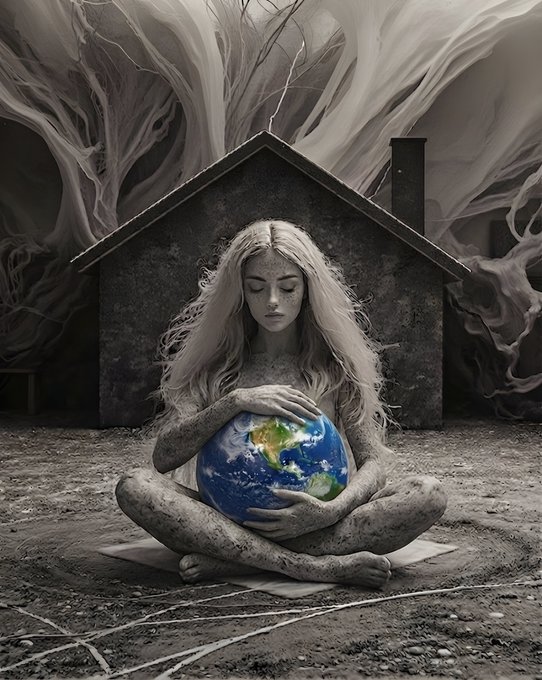 A surreal image of a pale woman with long white hair sitting cross-legged in front of a dark house, holding a globe of the Earth, with smoky white tendrils billowing in the background.