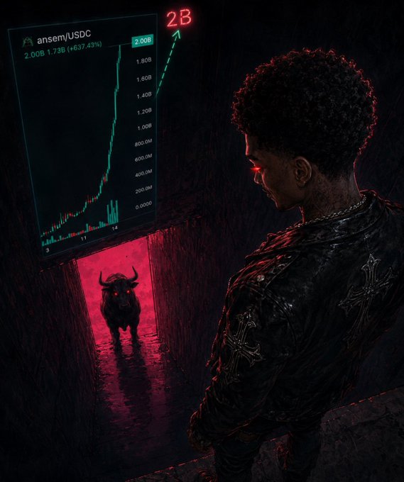 A figure wearing a black jacket with cross designs watches a trading chart showing "ansem/USDC" climbing to "2.00B" with a "+637.43%" gain, while a bull with glowing red eyes emerges from a red-lit doorway—symbolizing the bullish momentum of $ANSEM predicted to reach a 2 billion market cap.