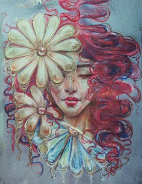 A surreal painting depicts a woman's face partially obscured by large green flower blossoms and flowing red curly hair.