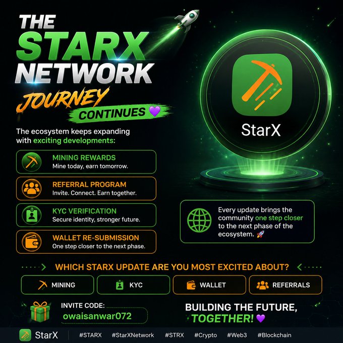 A promotional graphic for 'THE STARX NETWORK JOURNEY CONTINUES' featuring mining rewards, referral program, KYC verification, and wallet re-submission details, with invite code 'owaisanwar072' and hashtags #STARX #StarXNetwork #STRX.