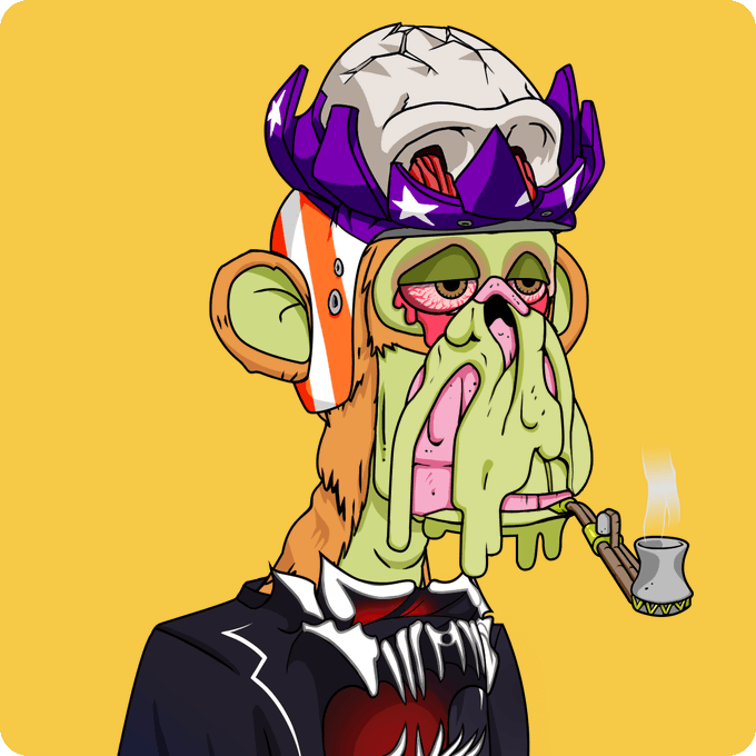 A cartoon illustration of a green, melting-faced monkey-like creature wearing a cracked helmet with purple horns and a suit with a fanged mouth design, smoking a pipe against a yellow background.