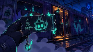 An anime-style illustration of a hand holding a glowing green card with a TV-headed character, set against a dark urban backdrop with a train and a small lantern.