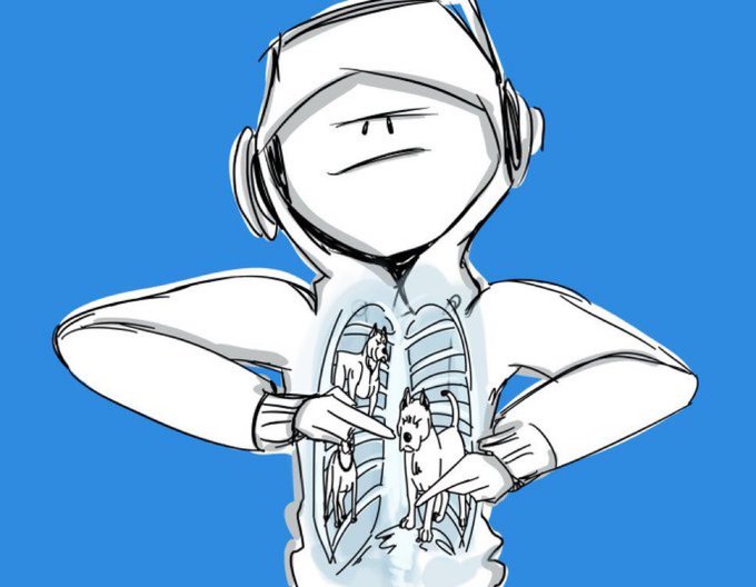 A stylized illustration of a person with a chest x-ray visible through their body, pointing at images of small dogs visible within the ribcage area.