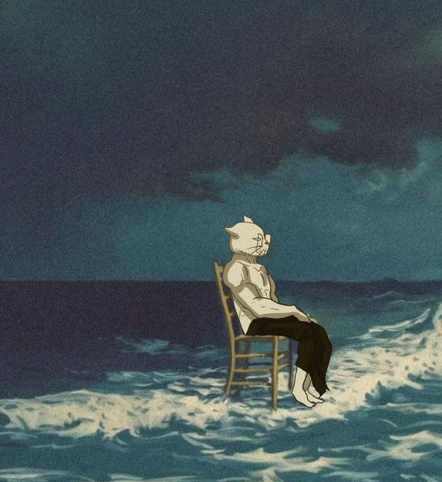 A surreal illustration of a cat-headed humanoid figure in a tank top sitting on a wooden chair in the middle of an ocean at night.