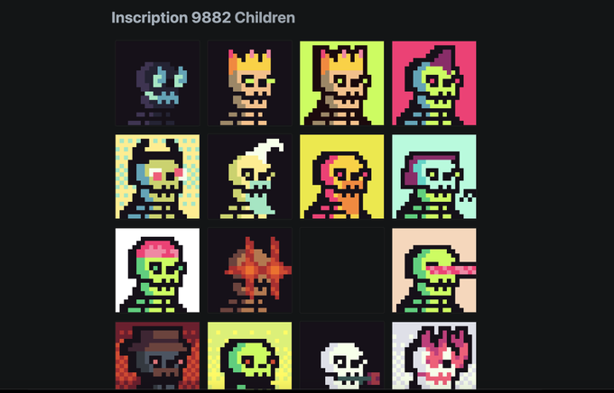 The image displays a 4x4 grid of pixel-art skeleton and creature characters under the title "Inscription 9882 Children," showcasing the early Ordinals NFT collection's unique 333-supply artwork. The post highlights this as "Early Ordinals Alpha" from @ord9882, with low follower count (4) emphasizing its alpha rarity.