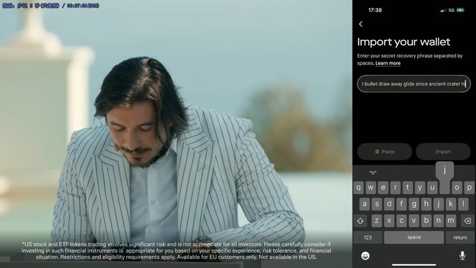 The image shows a split screen: on the left, a man with shoulder-length dark hair wearing a white striped blazer, looking down with the timestamp "06.30.2025" and Robinhood branding; on the right, a phone screen displaying an "Import your wallet" prompt with a partially visible recovery phrase field showing "bullet draw away glide since ancient crater h." This illustrates the context of Robinhood's Vlad Tenev publicly entering a seed phrase during a June 30, 2025 demo, which linked to the wallet address 0x42607B2E4fde22e83822d4a86ddAc58d847DC289 associated with OpenAI token transfers.