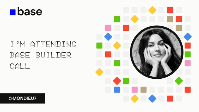 A digital profile card featuring a black-and-white portrait of a woman framed by colorful pixel-art squares, with "base" branding at the top, text reading "I'M ATTENDING BASE BUILDER CALL" in a pixel font, and the handle "@MONDIEU7" at the bottom—customized for the Base Builder Call event.
