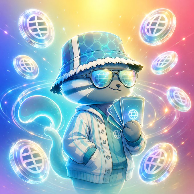 A colorful digital illustration of a cute anthropomorphic white cat character wearing a blue bucket hat, sunglasses, and striped hoodie, holding digital cards while surrounded by glowing floating coin icons with globe symbols.