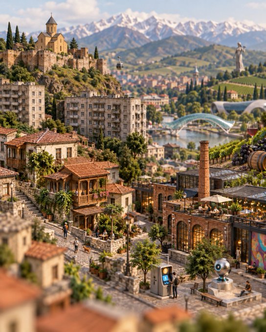 A detailed miniature/diorama-style scene of a Mediterranean hillside town with stone buildings, terracotta roofs, a church on a hill, a river with a bridge, snow-capped mountains in the distance, and tiny figures of people and cats on cobblestone streets.