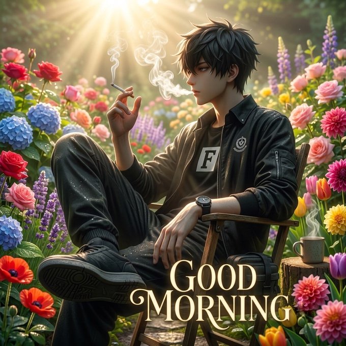 An anime-style illustration of a young man in black clothing smoking a cigarette while sitting in a chair surrounded by colorful flowers, with 'Good Morning' text at the bottom.