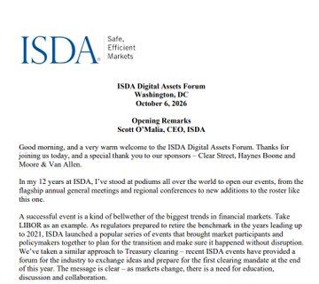 An ISDA Digital Assets Forum announcement document from October 6, 2026, welcoming sponsors Clear Street, Haynes Boone, and Moore & Van Allen, signed by Scott O'Malia, CEO, ISDA.