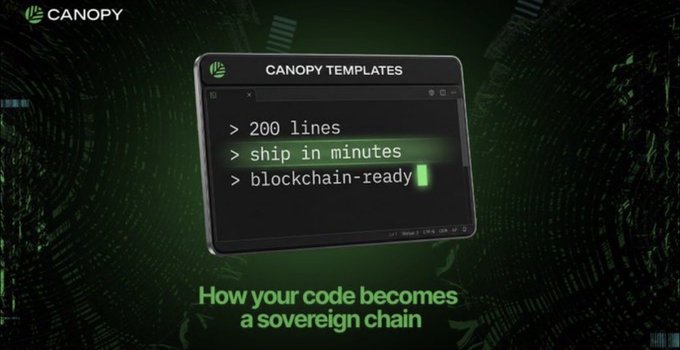 A green-themed digital advertisement for Canopy Templates showcasing code snippets like '> 200 lines', '> ship in minutes', and '> blockchain-ready', with the tagline 'How your code becomes a sovereign chain'.