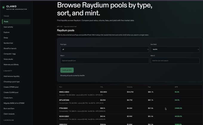 A dark-themed web interface titled 'Browse Raydium pools by type, sort, and mint' on CLAWD, displaying a table of liquidity pools including WBTC, SOL, and USDC.