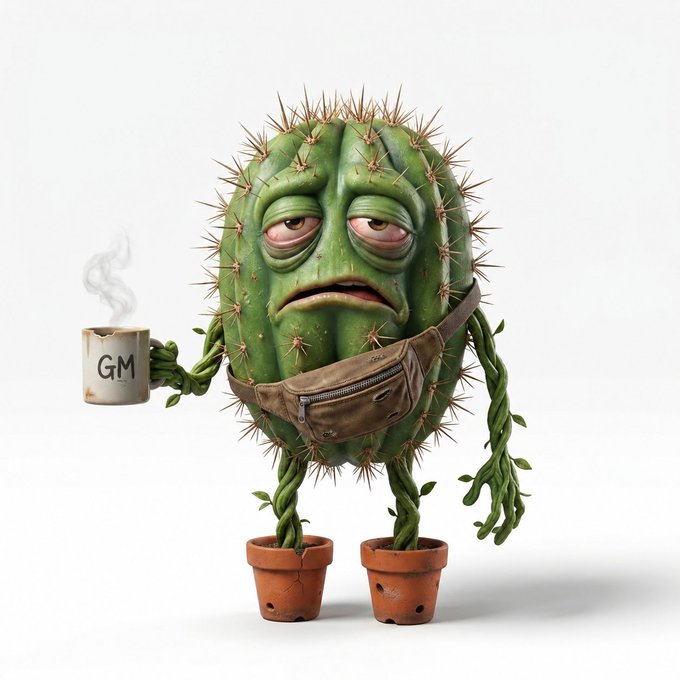 A 3D rendered anthropomorphic cactus character with a tired expression, holding a coffee mug labeled 'GM' and wearing a crossbody bag.