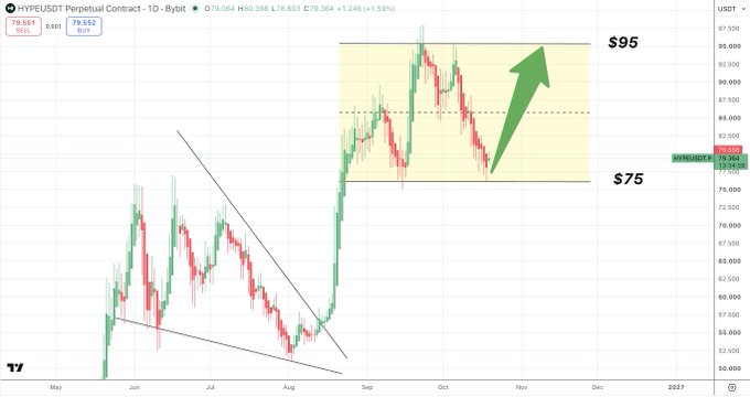 A daily candlestick chart of the HYPE/USDT perpetual contract on Bybit shows the price trading near $78.86 (+1.59%), with technical annotations depicting a falling wedge breakout followed by consolidation between $75 and $95, supporting the post's bullish call to buy $HYPE at current levels.