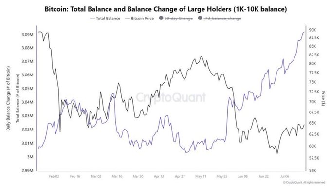 The image is a CryptoQuant chart titled "Bitcoin: Total Balance and Balance Change of Large Holders (1K-10K balance)" tracking whale accumulation from February to July, with the dark "30-day change" line spiking sharply upward near 90K BTC in early July—visually confirming the post's claim that whales holding 1,000–10,000 BTC are accumulating at the fastest pace in months despite Bitcoin trading around $60K–$65K.
