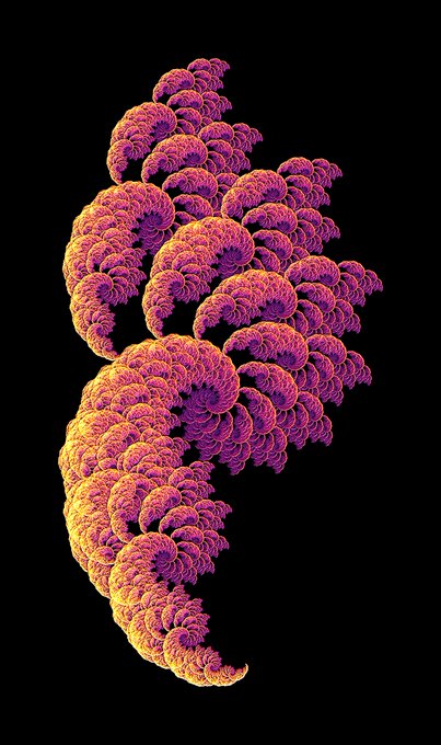 A detailed fractal artwork featuring an intricate spiral pattern in vibrant purple and orange tones against a solid black background.