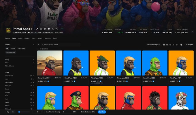 A NFT marketplace interface for "Primal Apes" collection on Ethereum (ETH) blockchain, displaying various ape NFT items with floor price of 0.0607 ETH and 6,970 listed items.