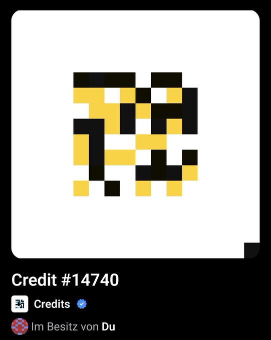 A digital profile displays a pixelated yellow and black avatar design labeled 'Credit #14740' with 'Credits' and 'Im Besitz von Du' text below.