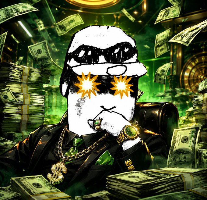 A stylized digital artwork showing a figure in a suit and bucket hat with star-shaped sunglasses, surrounded by stacks and falling U.S. dollar bills with a green color scheme.
