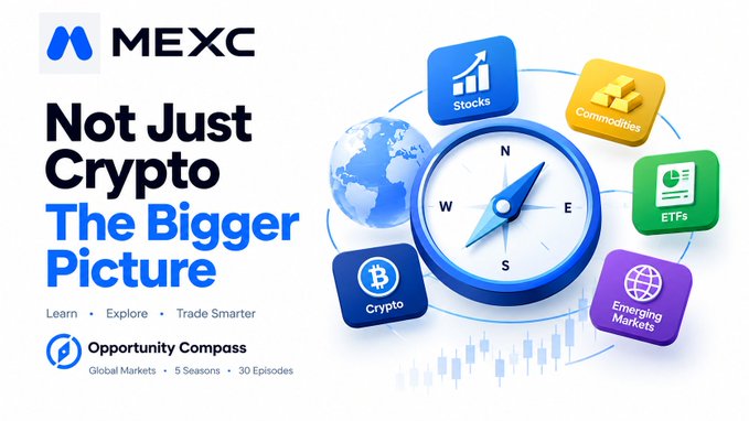 A MEXC promotional banner for 'Opportunity Compass' with the tagline 'Not Just Crypto, The Bigger Picture' featuring a compass and icons representing Stocks, Commodities, ETFs, Emerging Markets, and Crypto.